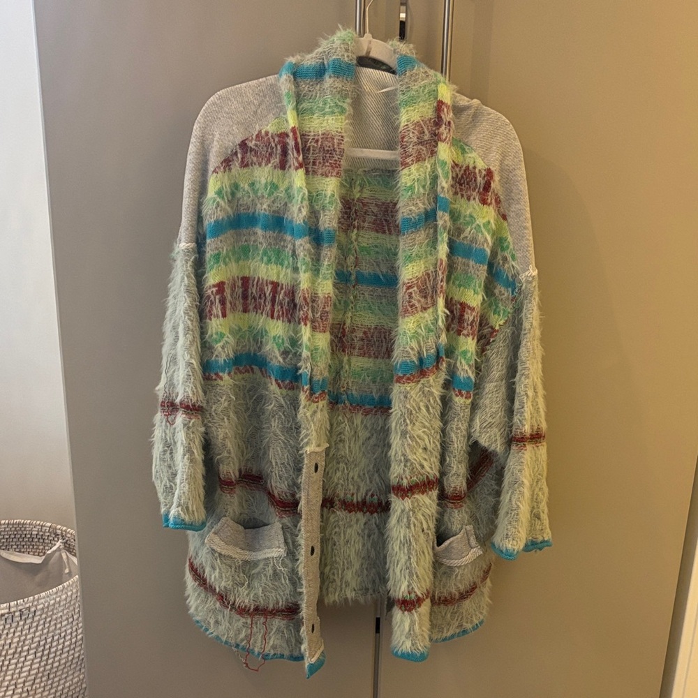 Free People Fuzzy Striped Cardigan in Blue and Green